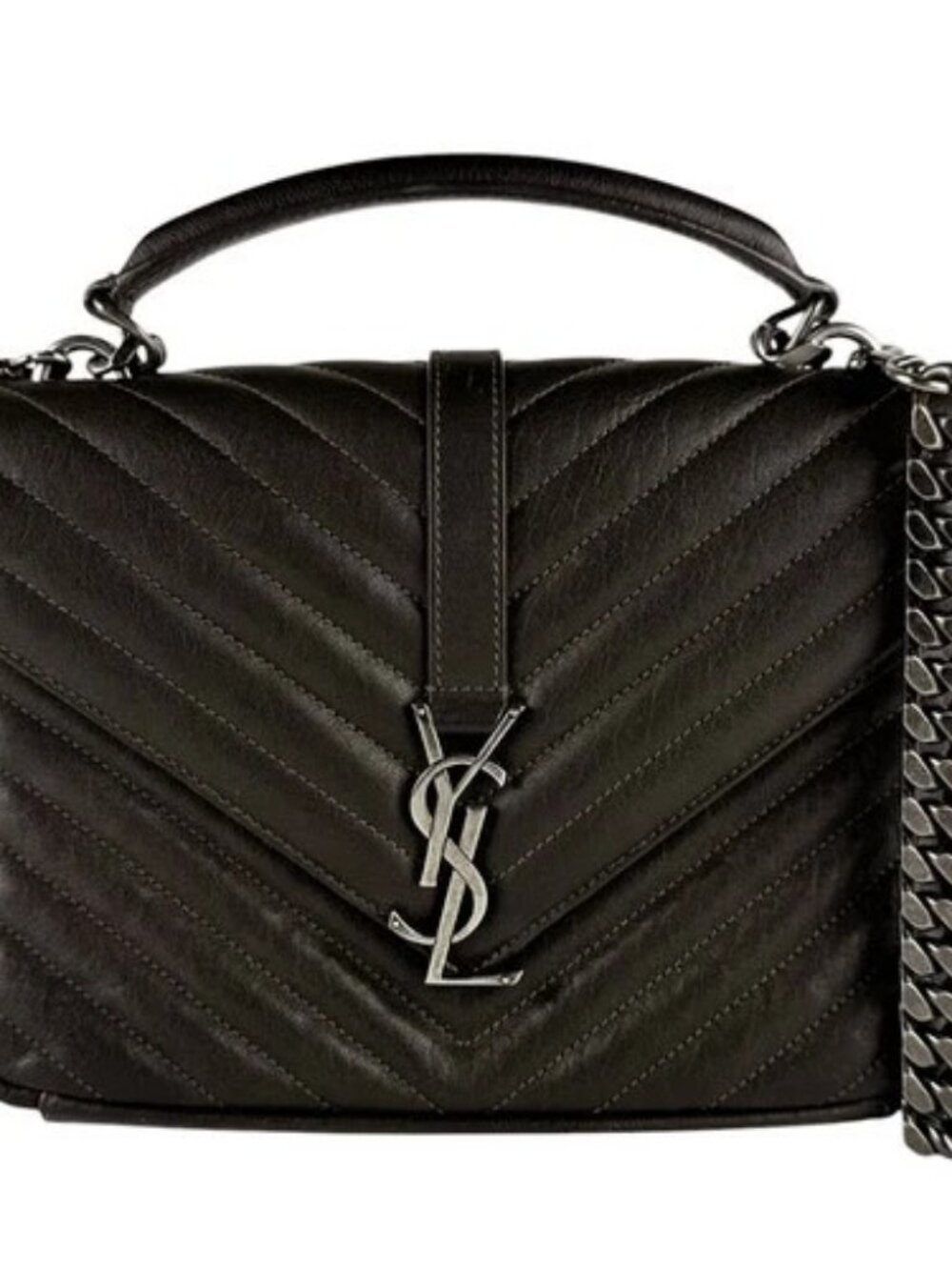 Auth SAINT LAURENT Handbag Shoulder Bag Khaki Brown/Silver Leather/Metal z10608